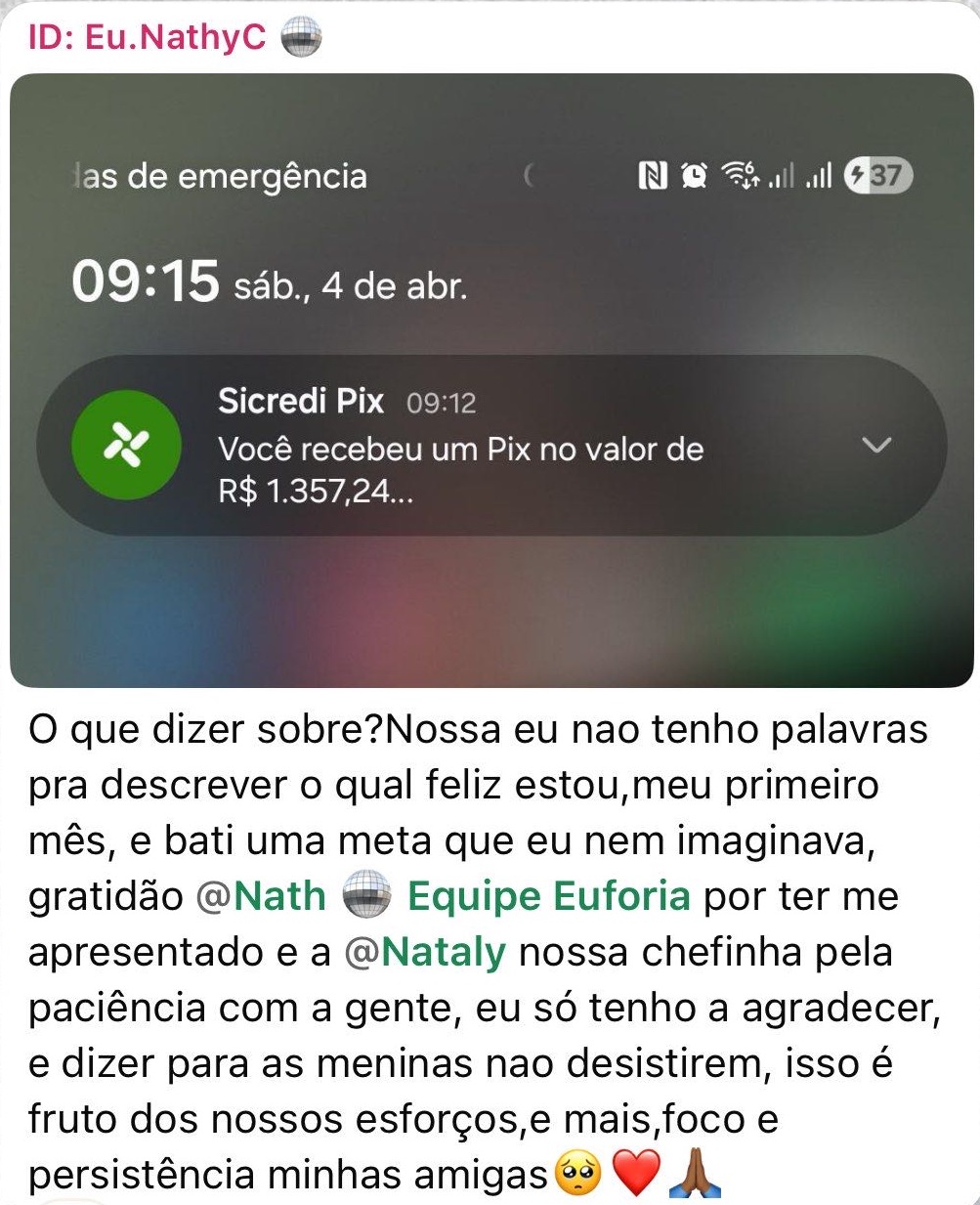 Depoimento da agenciada Eu.NathyC